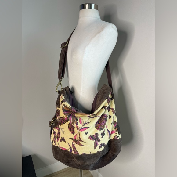 Lucky Brand X-Large Runaway Carryall Canvas Suede Leather Hobo Bucket Bag - Picture 1 of 10